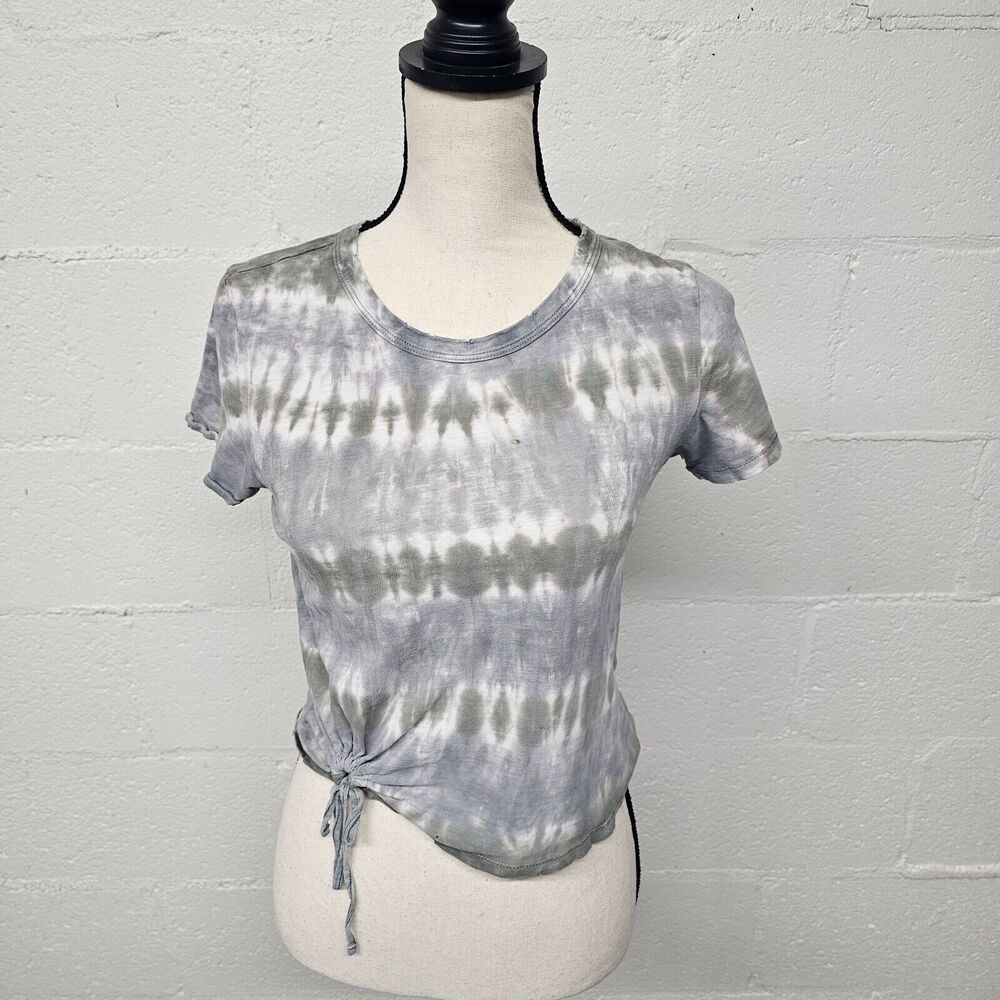 Aerie T-Shirt XS Gray Tie Dye Cinched Hem Front Tie Short Sleeve Distressed
